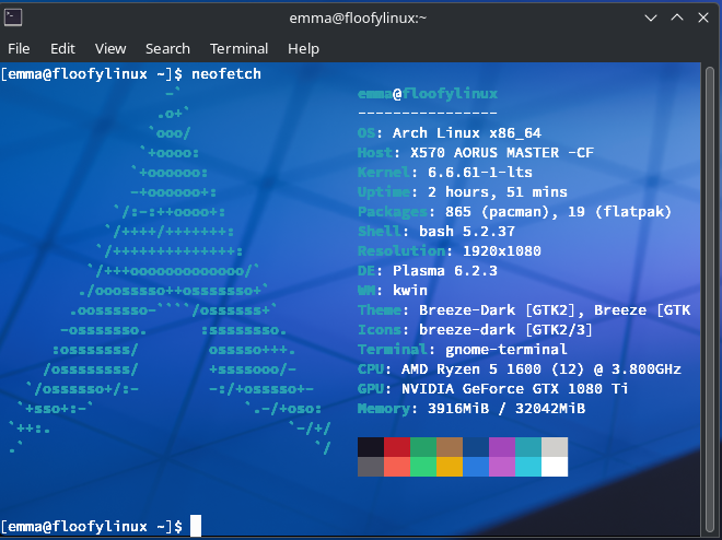 Screenshot of Terminal in Arch Linux, showing neofetch. This is a command line tool that displays your system specifications.